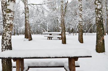 A wooden table in abandoned park on a winter evening