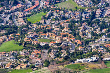 Aerial view of a residential neighborhood on a sunny day, Fremont, east San Francisco bay area,...