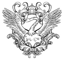 Obraz premium Vector hand drawn illustration of swan with beautiful wings and baroque elements. Artwork with ornate frame. Template for card, poster, banner, print for t-shirt.