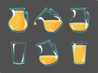Vector orange juice in glasses and in jag - animation frames of  pouring