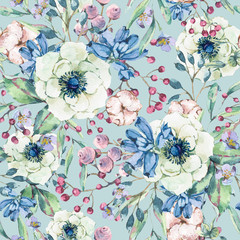 Watercolor natural seamless pattern with anemone