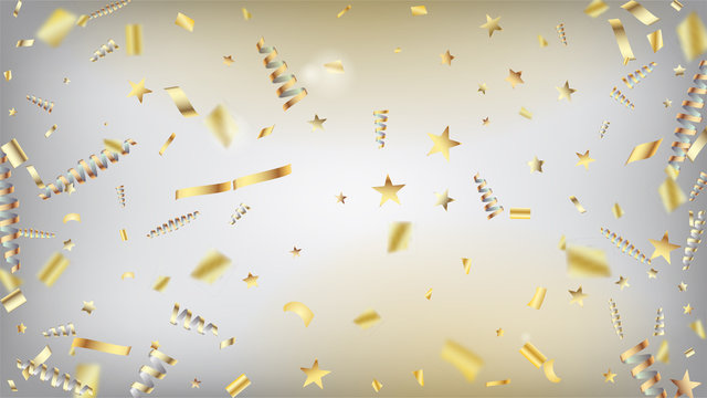Modern Gold Confetti, Falling Stars, Streamers, Tinsel. Horizontal Mystical Night Sky Background. Cool Platinum Christmas, New Year, Birthday Party Holiday Texture. Gold Confetti, Falling Down Stars.