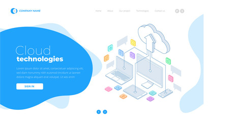 Web page design templates Cloud Computing concept. Isometric cloud services. Internet technology. Online services. Data, information security. Vector illustration.