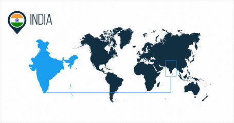 India location modern vector map for infographics. All world countries without names. round flag in the map pin or marker. vector illustration on stripped background.