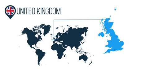 Fototapeta na wymiar United Kingdon location modern vector map for infographics. All world countries without names. round flag in the map pin or marker. vector illustration on stripped background.