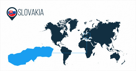 Slovakia location on the world map for infographics. All world countries without names. Slovakia round flag in the map pin or marker. vector illustration on stripped background.
