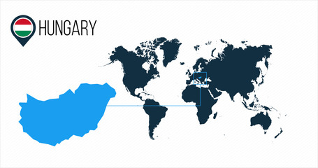 Hungary location on the world map for infographics. All world countries without names. Hungary round flag in the map pin or marker. vector illustration on stripped background.