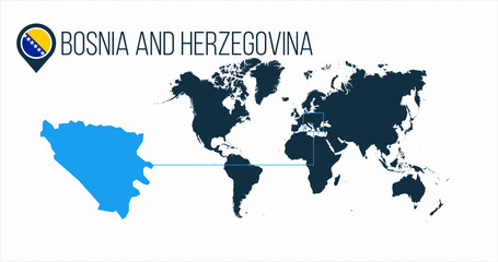 Bosnia and Herzehovina location on the world map for infographics. Bosnia and Herzehovina round flag in the map pin or marker. vector illustration on stripped background.