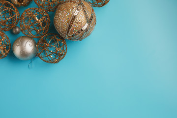 frame of christmas bells balls on blue background
