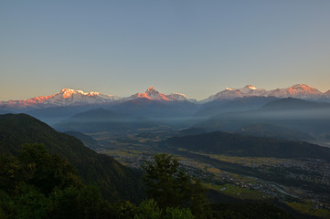 Obraz na płótnie Canvas Machapuchare sunrise view. - Sarangkot, Pokhara, Nepal.