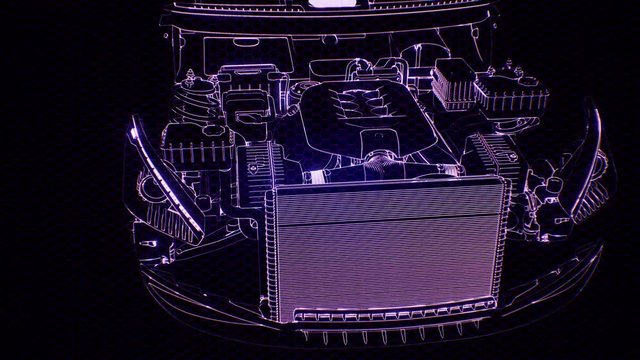 Holographic animation of 3D wireframe car model with engine and otter technical parts