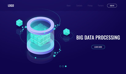 Big data isometric, science of digital technology, server room, database icon datacenter, creative illustration, incubator cloud computing dark neon