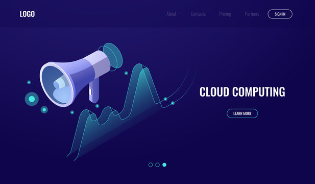 digital marketing, data acquisition, online advertising and promotion, loudspeaker with graphic, data visualization dark neon