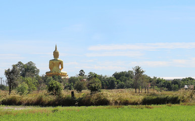 Behind of golden buddha statue with blue sky and cloud, Thailand.