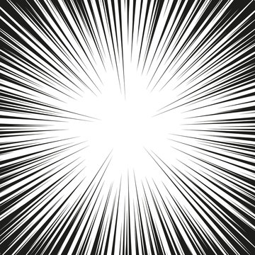 Many black comic radial speed Lines on white base. Effect power explosion illustration. Comic book design element. Graphic Explosion with Speed Lines in comic book style. Vector Illustration