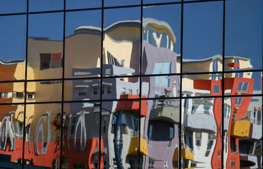 Reflection of colorful buildings in San Diego California