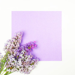 Frame of lilac flowers with space for text on purple background. Flat lay, top view. Spring floral concept