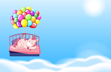 Unicorn sleeping in bed sky background