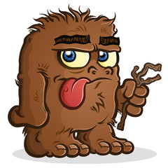 A Bigfoot Sasquatch Cartoon Character holding a Twig