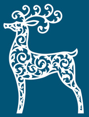 Deer vector laser cut template. Cutout pattern of Christmas or New Year decoration. Background illustrationof reindeer for greeting card, banner and other holiday media.