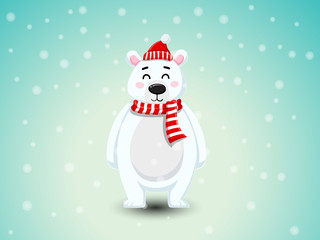 Cute Polar Bear with Red Scarf and Red hat.  Merry Christmas and happy new year. decorative element on holiday. Vector illustration.