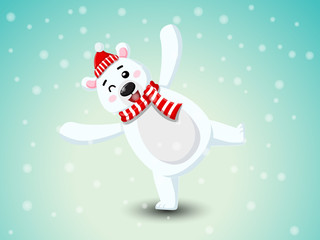 Cute Polar Bear with Red Scarf and Red hat.  Merry Christmas and happy new year. decorative element on holiday. Vector illustration.