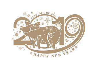 Card with cute pig on the background of 2019 and snowflakes. Vector pattern isolated on white. New Year's design 2019. Happy New Year!