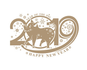 Naklejka premium Card with cute walking pig on the background of 2019 and snowflakes. Vector pattern isolated on white. New Year's design 2019. Happy New Year!
