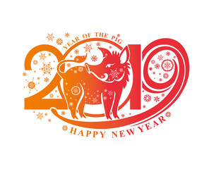 New Years card with pig on the background of 2019 and snowflakes. Vector pattern isolated on white. New Year's design 2019. Happy New Year!