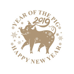 Round stamp Chinese Zodiac Sign Year of the Pig. 2019. Vector template on white background. Happy New Year! Concept Chinese New Year.
