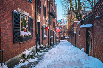 Boston old narrow street at snowy winter