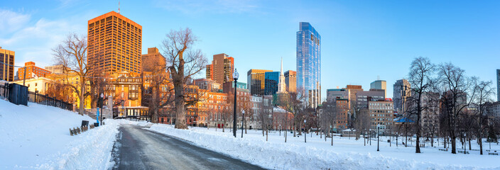 Fototapeta premium Panoramic view on Boston public garden at winter