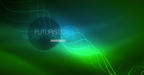 Abstract shiny glowinng color wave design element on dark background - science or technology concept