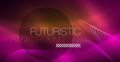 Abstract shiny glowinng color wave design element on dark background - science or technology concept
