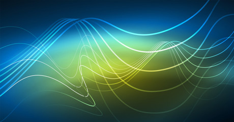 Glowing abstract wave on dark, shiny motion, Christmas and New Year magic space light. Techno abstract background