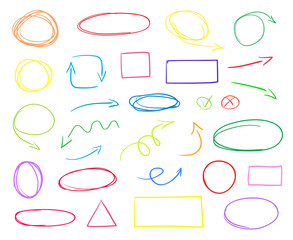 Multicolored infographic elements on isolated white background. Hand drawn simple arrows. Line art. Set of different pointers. Abstract indicators and shapes