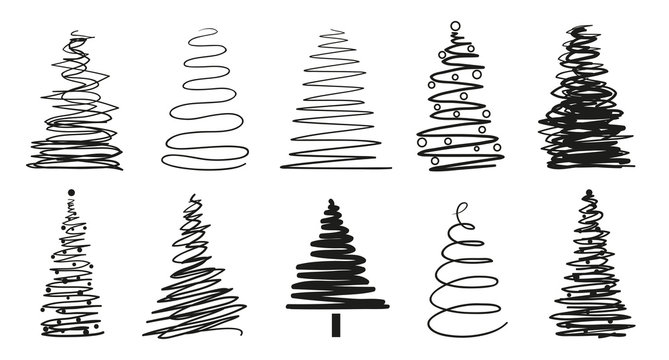 Christmas trees on white. Set for design on isolated background. Geometric art. Objects for polygraphy, posters, t-shirts and textiles. Black and white illustration