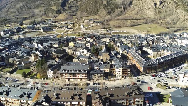 Aerial view in Benasque. Huesca. Aragon, Spain. Drone Video