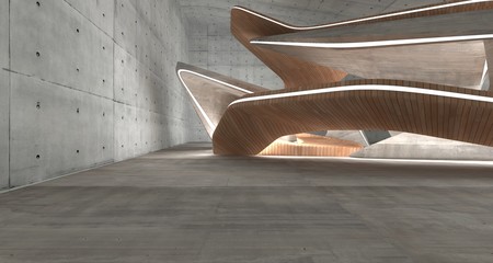 Empty dark abstract concrete and wood smooth interior. Architectural background. 3D illustration and rendering
