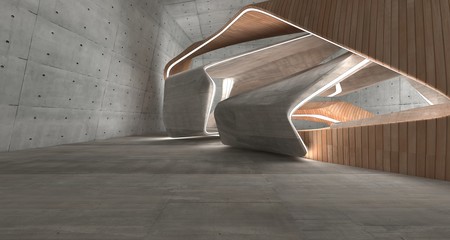 Empty dark abstract concrete and wood smooth interior. Architectural background. 3D illustration and rendering - obrazy, fototapety, plakaty