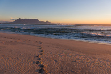 Sunset in Cape Town, South Africa with view towards Table Mountain