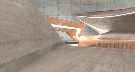 Empty dark abstract concrete and wood smooth interior. Architectural background. 3D illustration and rendering