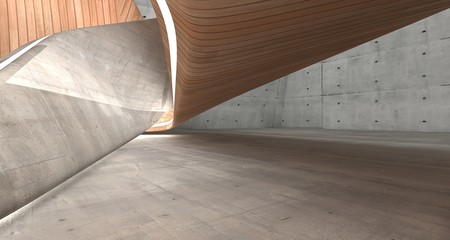 Empty dark abstract concrete and wood smooth interior. Architectural background. 3D illustration and rendering