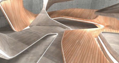 Empty dark abstract concrete and wood smooth interior. Architectural background. 3D illustration and rendering