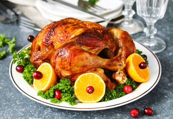 Roasted chicken served with citrus and cranberry on plate