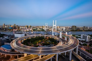 Foto op Plexiglas Nanpubrug De Nanpu-brug in Shanghai, China in de schemering