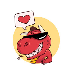 Cool red dragon in cartoon style. Confident dinosaur in sunglasses