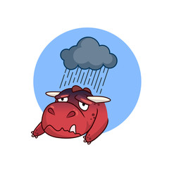Sad dragon lies under a thundercloud, cartoon style illustration. Sorrowful dinosaur