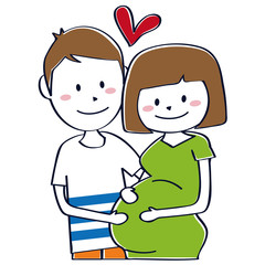 おかっぱの妊婦と旦那さん　仲良くお腹をさする