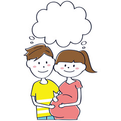 ポニーテールの妊婦と旦那さん　仲良く想像する